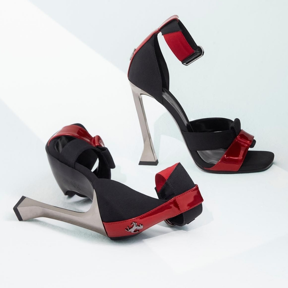 Ferrari | Patent Leather and Textile High Heel Sandal with Ankle Strap